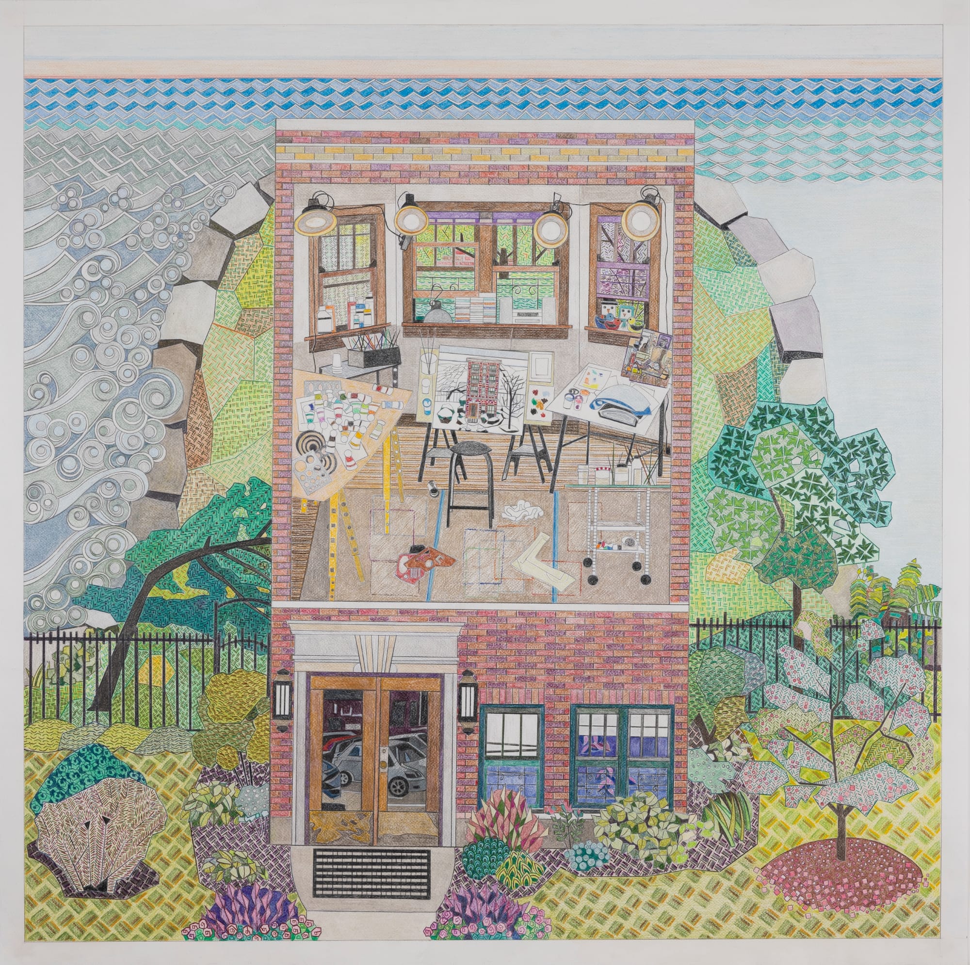 a drawing by Ann Toebbe of a classic Chicago two-flat with the front wall opened to reveal a domestic interior