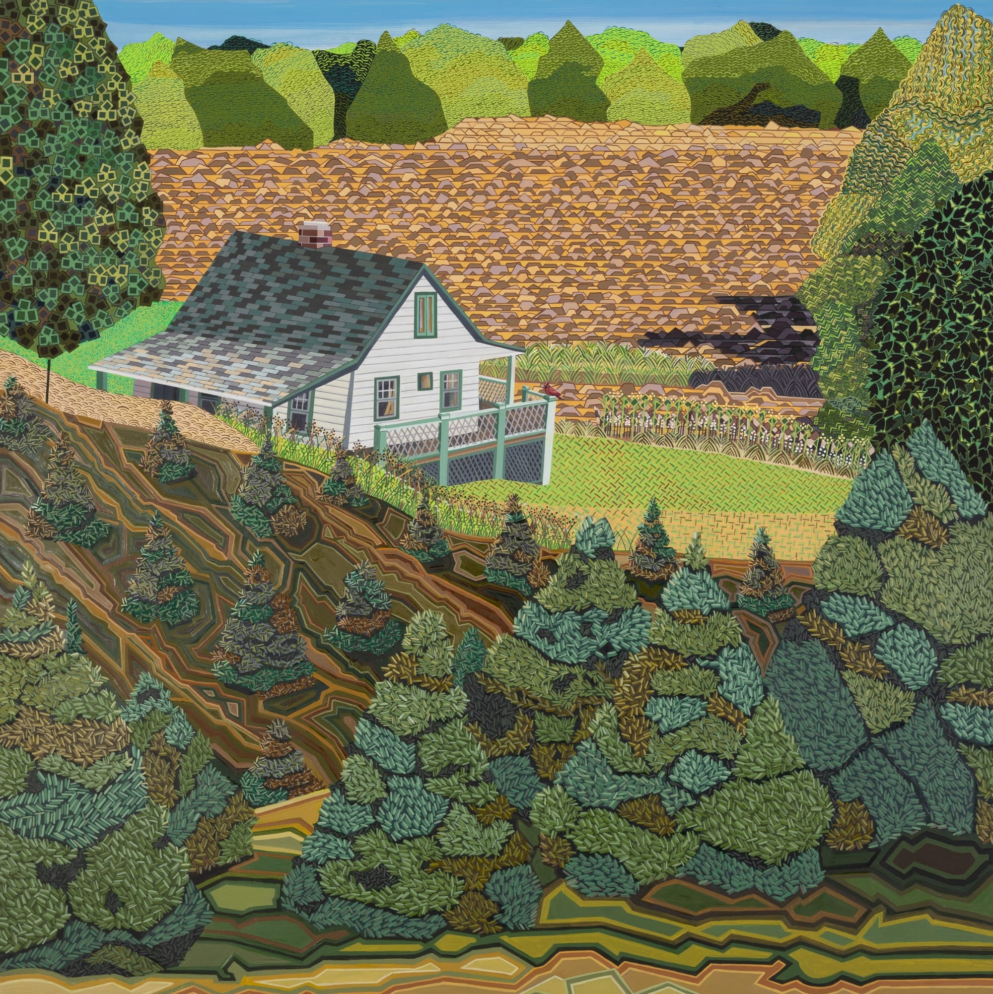 a mixed-media work by Ann Toebbe of a lush landscape and small farmhouse tucked in the greenery