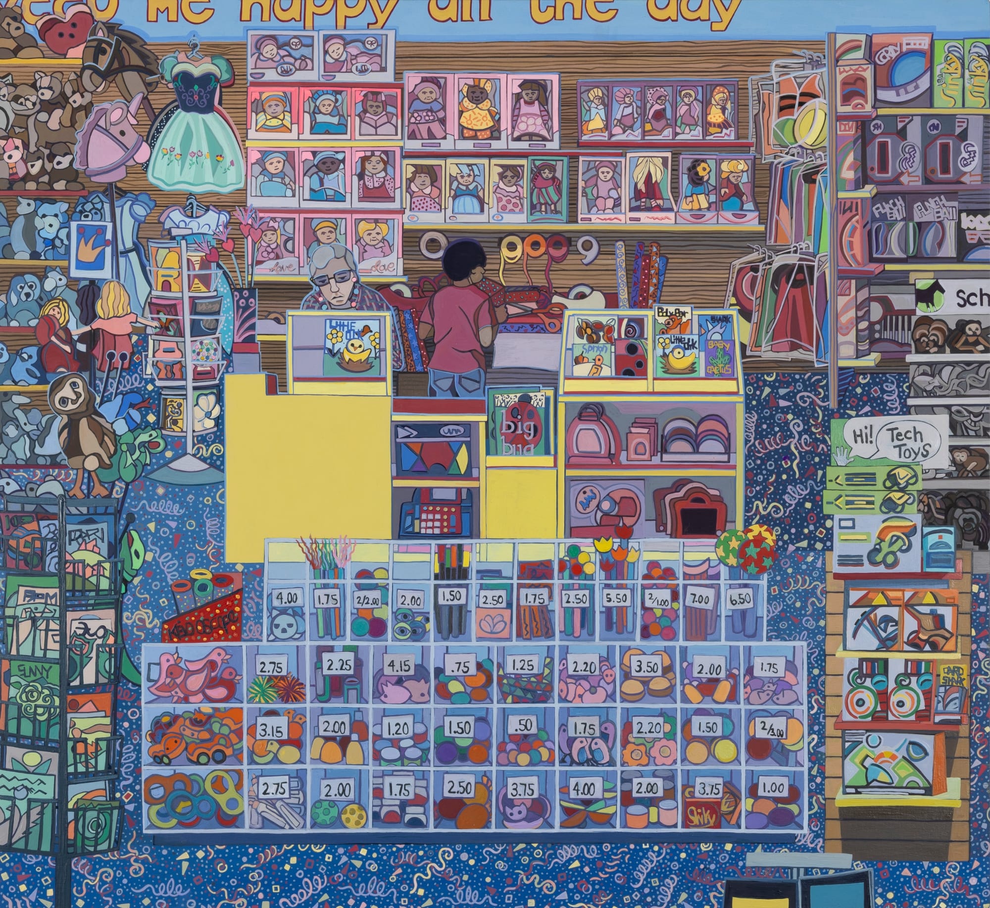 a mixed-media work by Ann Toebbe of a toy shop crammed with stock