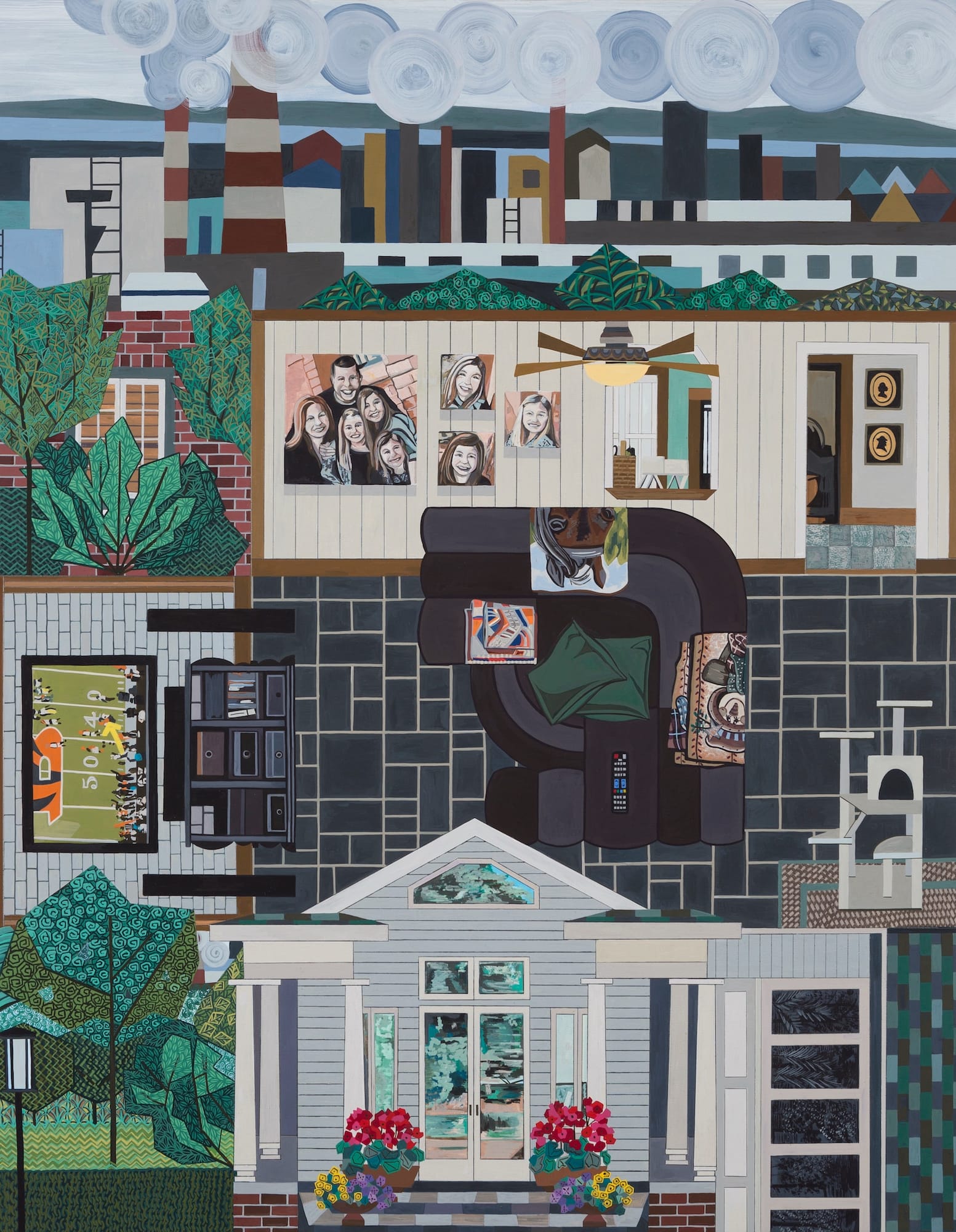 a mixed-media work by Ann Toebbe of a home that appears sliced open to reveal various rooms including a tv space, family portraits, and a cat tree