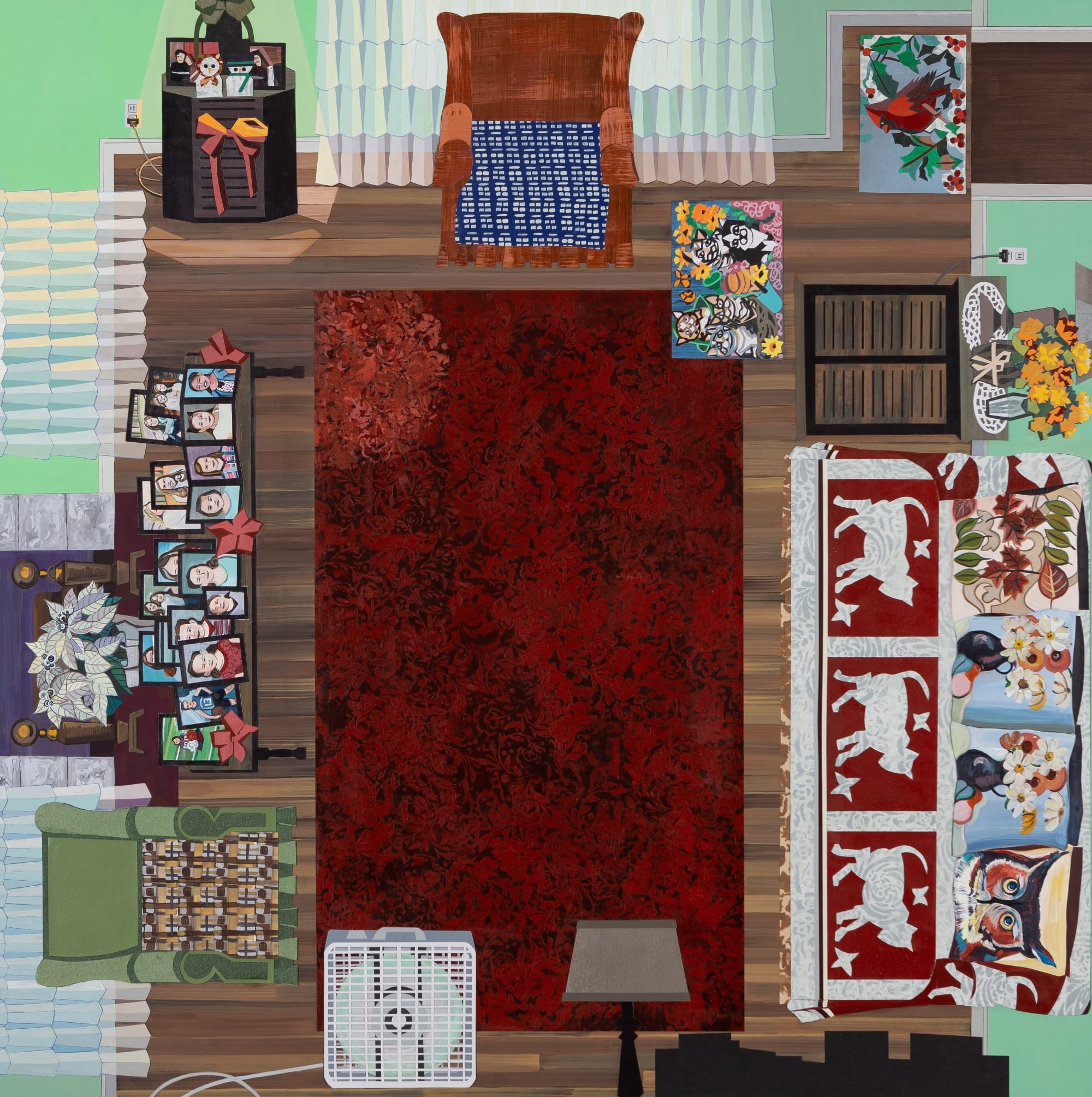 a mixed-media work by Ann Toebbe of a living room viewed aerially with various patterned seating and a large red rug at the center