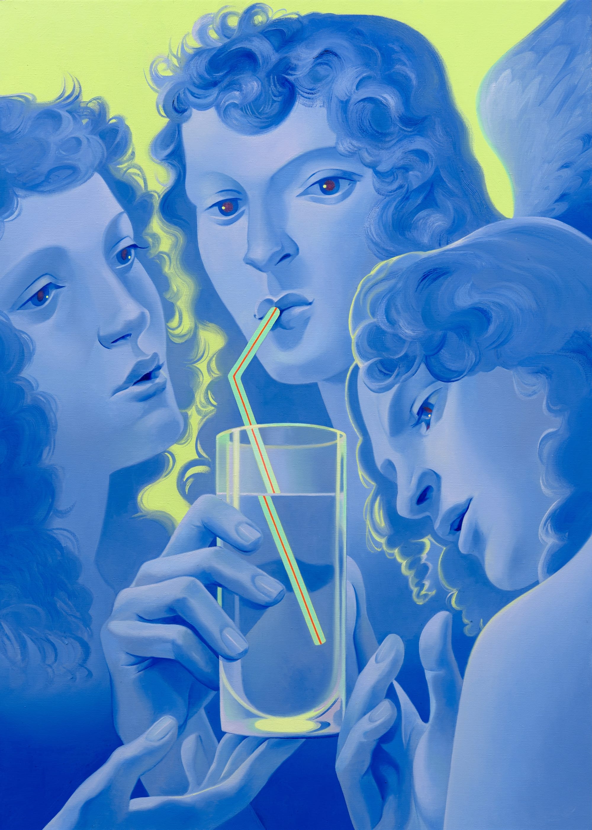 a painting by Robin F. Williams of a trio of blue figures huddled together to drink from a glass