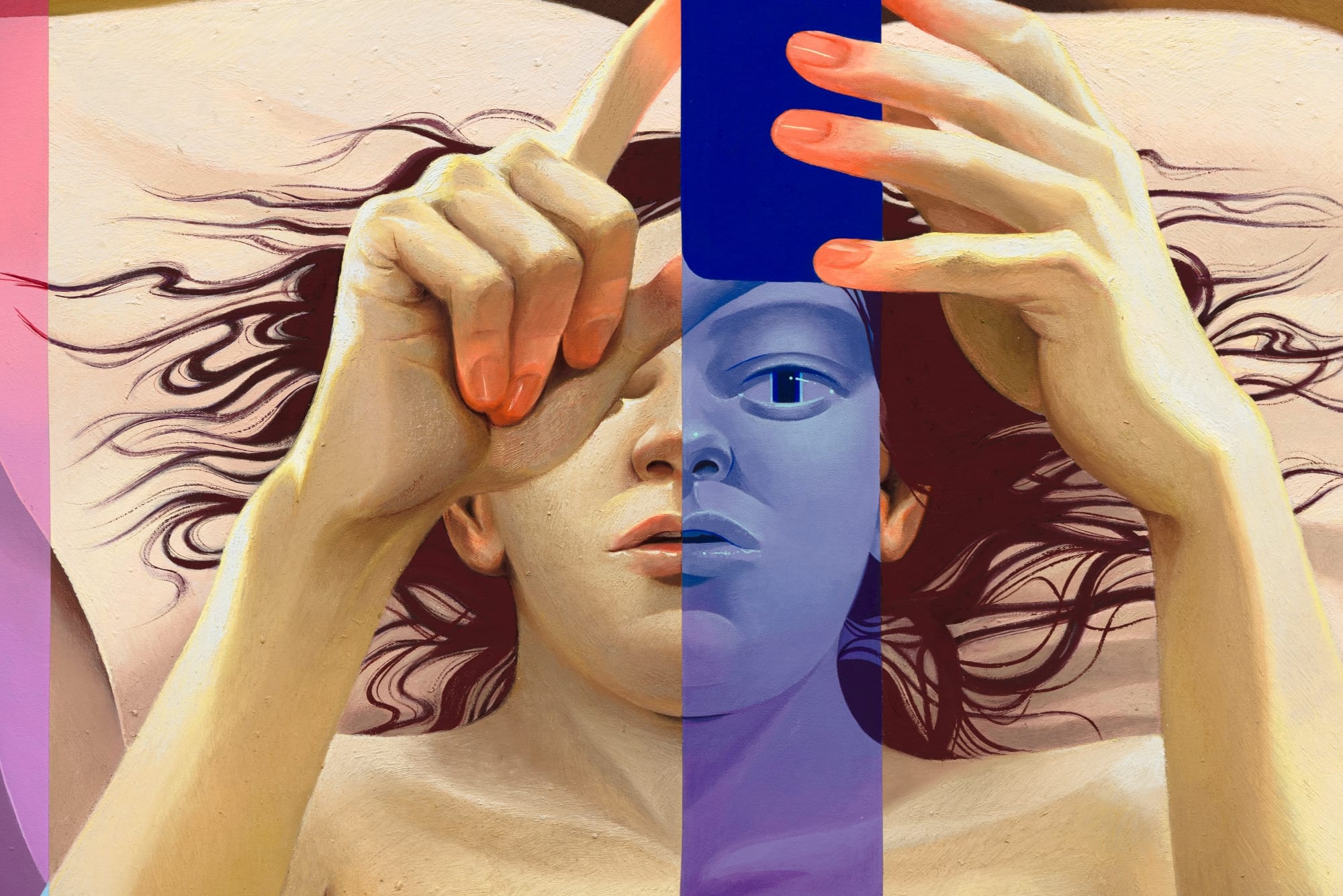 a detail of a painting by Robin F. Williams of a nude person in bed scrolling on their phone with abstract, colorful loops enveloping the device