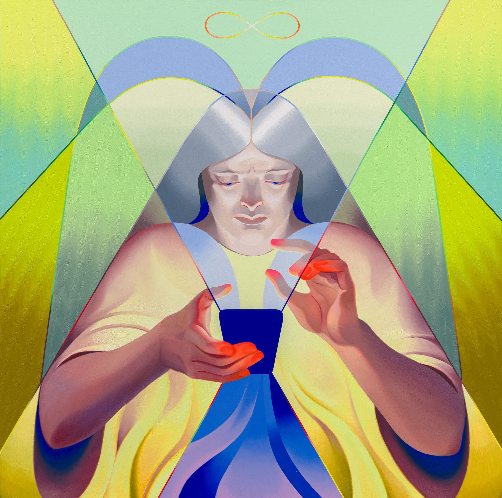 a portrait by Robin F Williams of an angelic figure scrolling on a phone