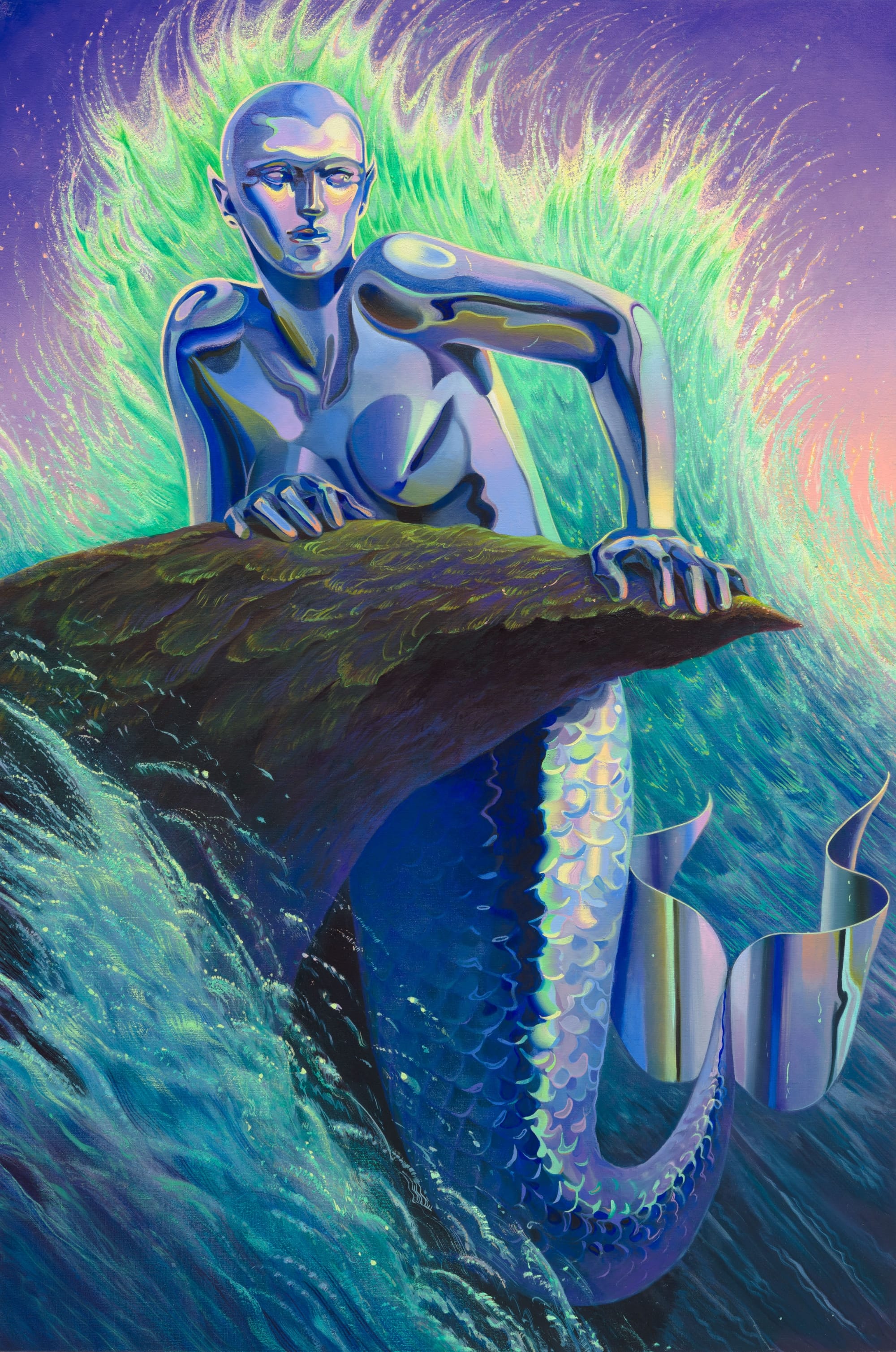 a painting by Robin F. Williams of a mechanical mermaid emerging from the water on a rock