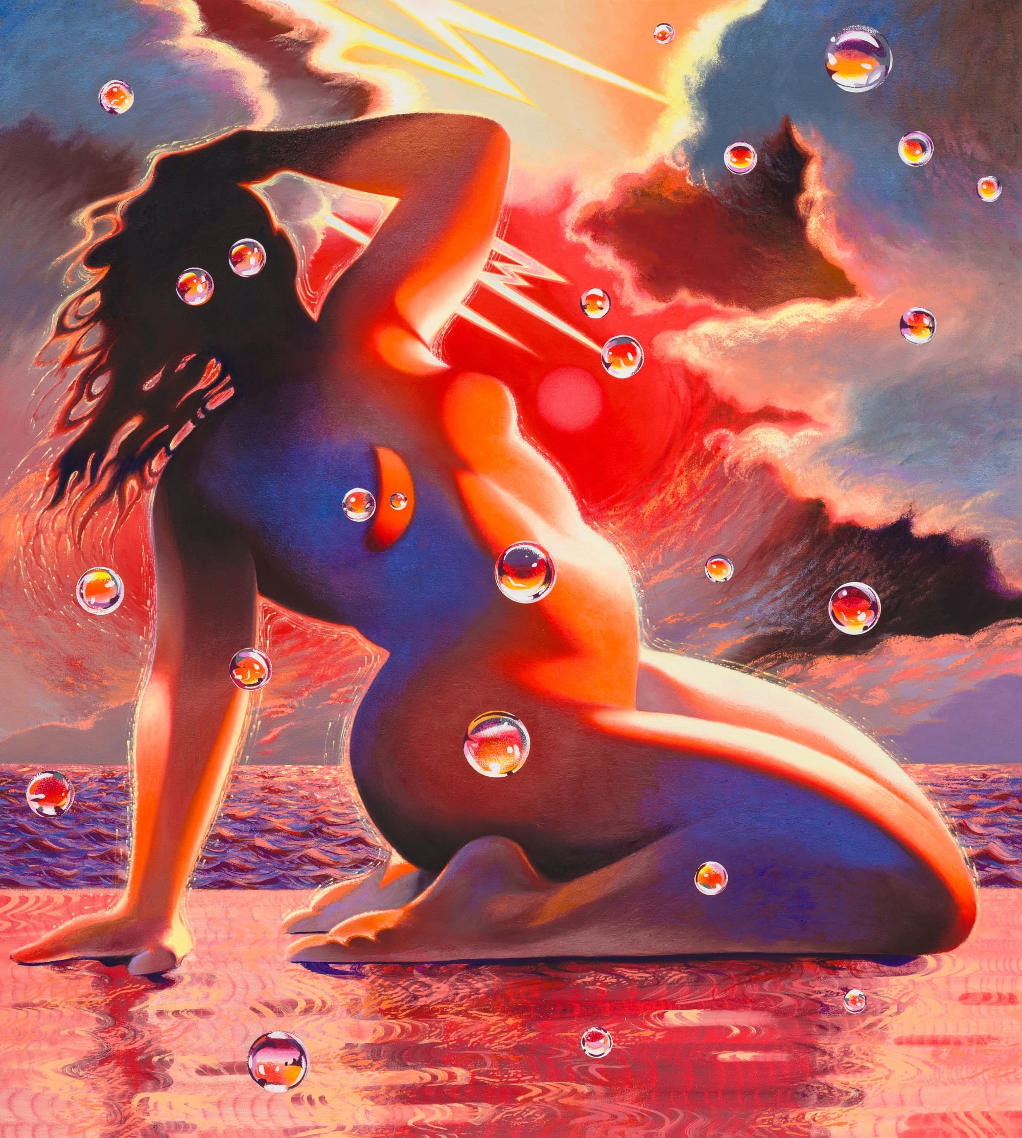 a painting by Robin F. Williams of a nude figure on a beach posing by kneeling with an arched back. the palette is red and purple