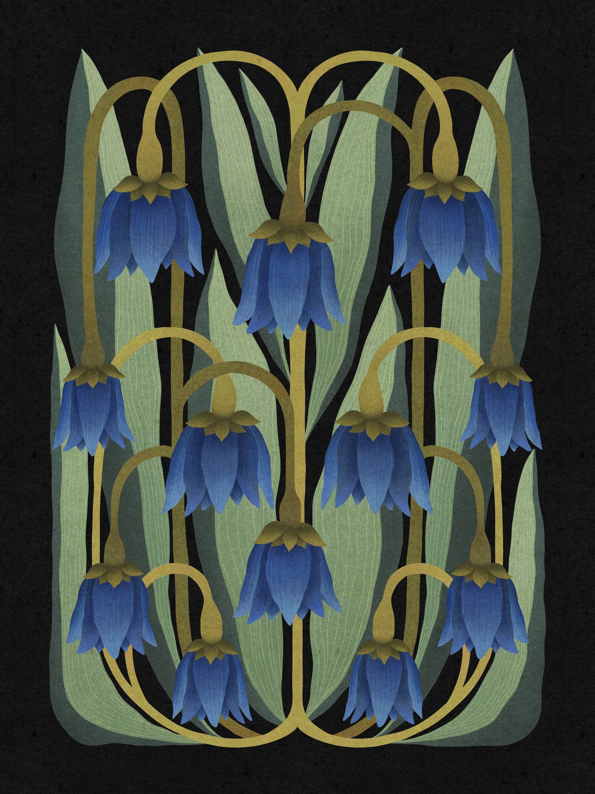 a print of bluebells and symmetrical green leaves against a black background