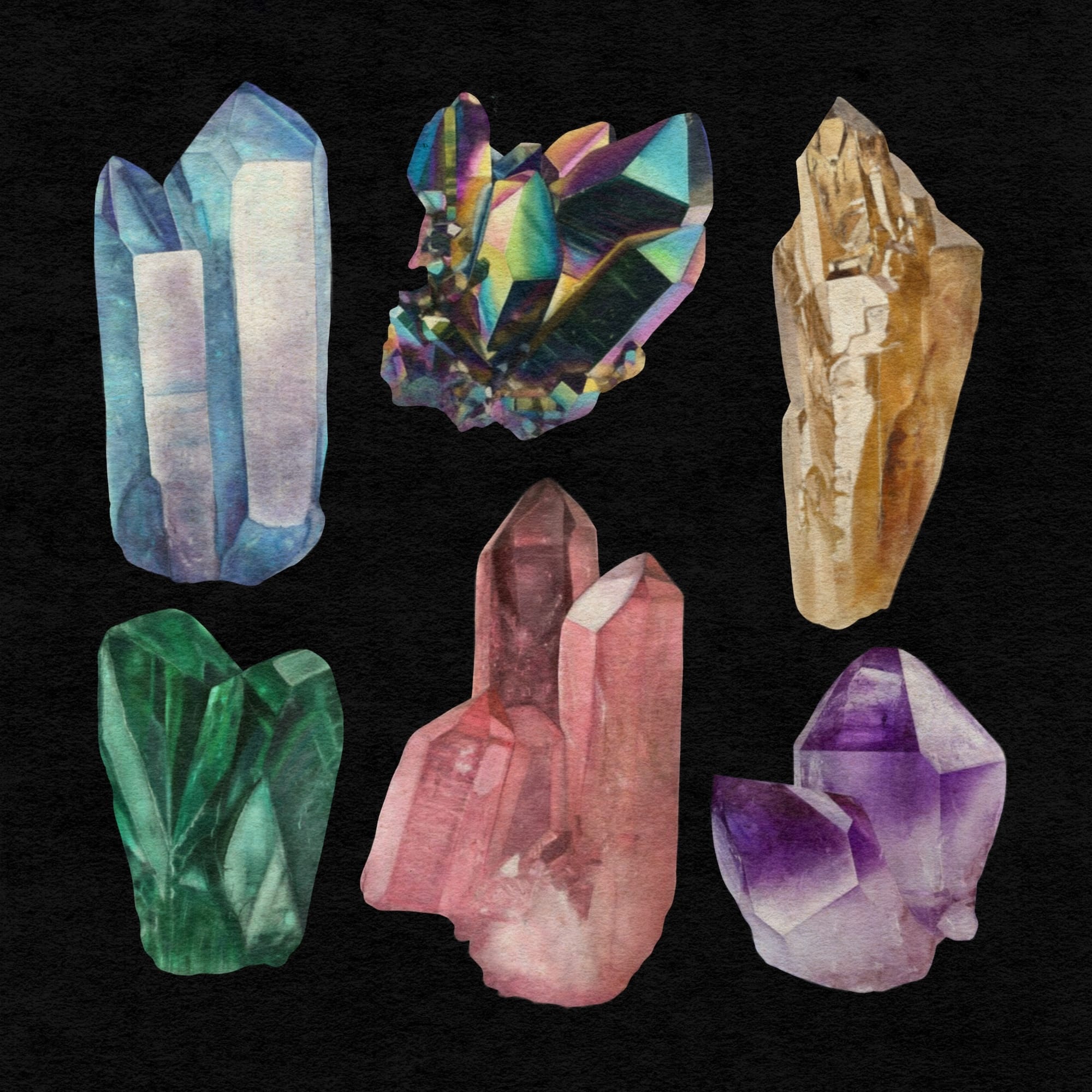 a print of six colorful crystals