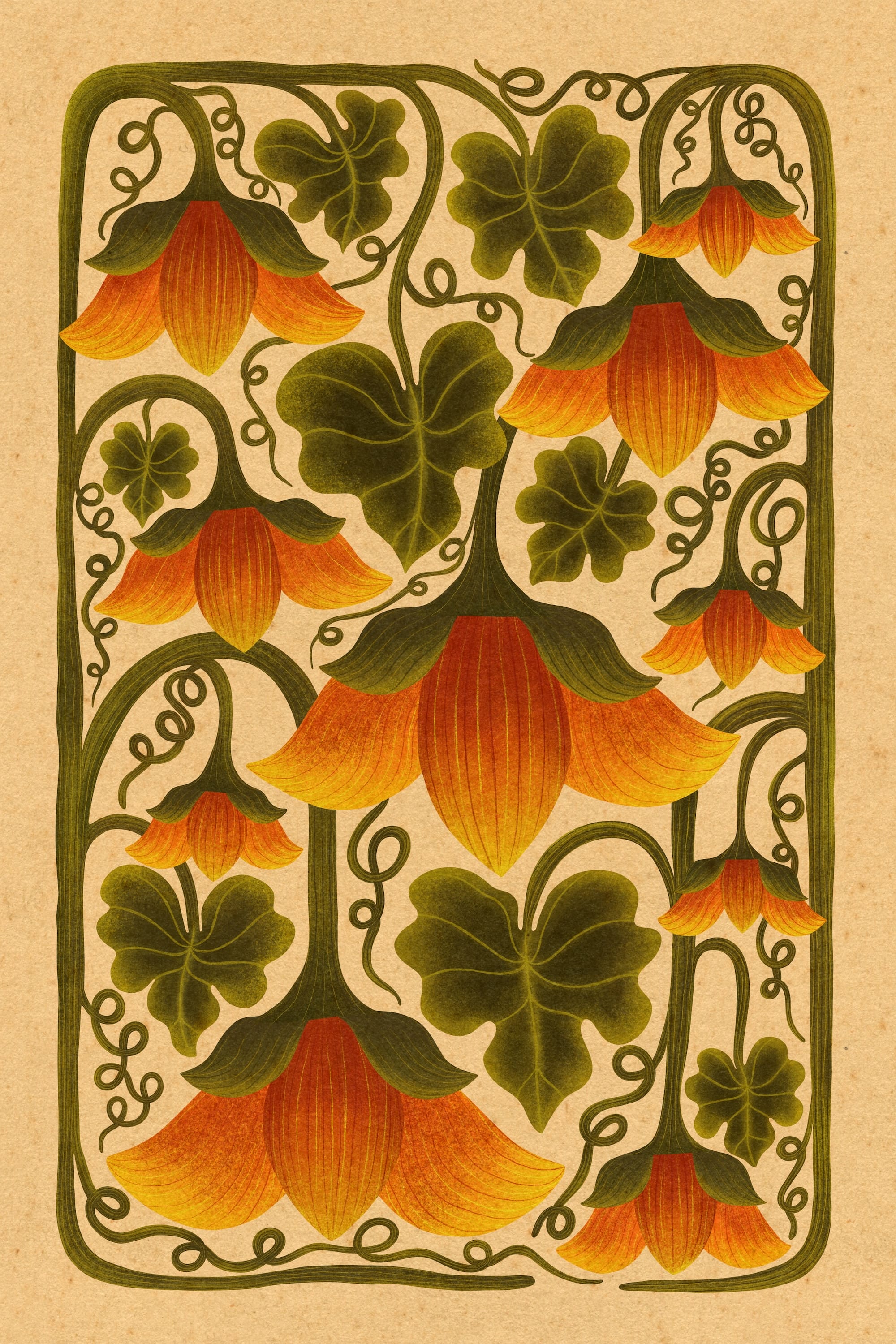 a print of orange, drooping flowers