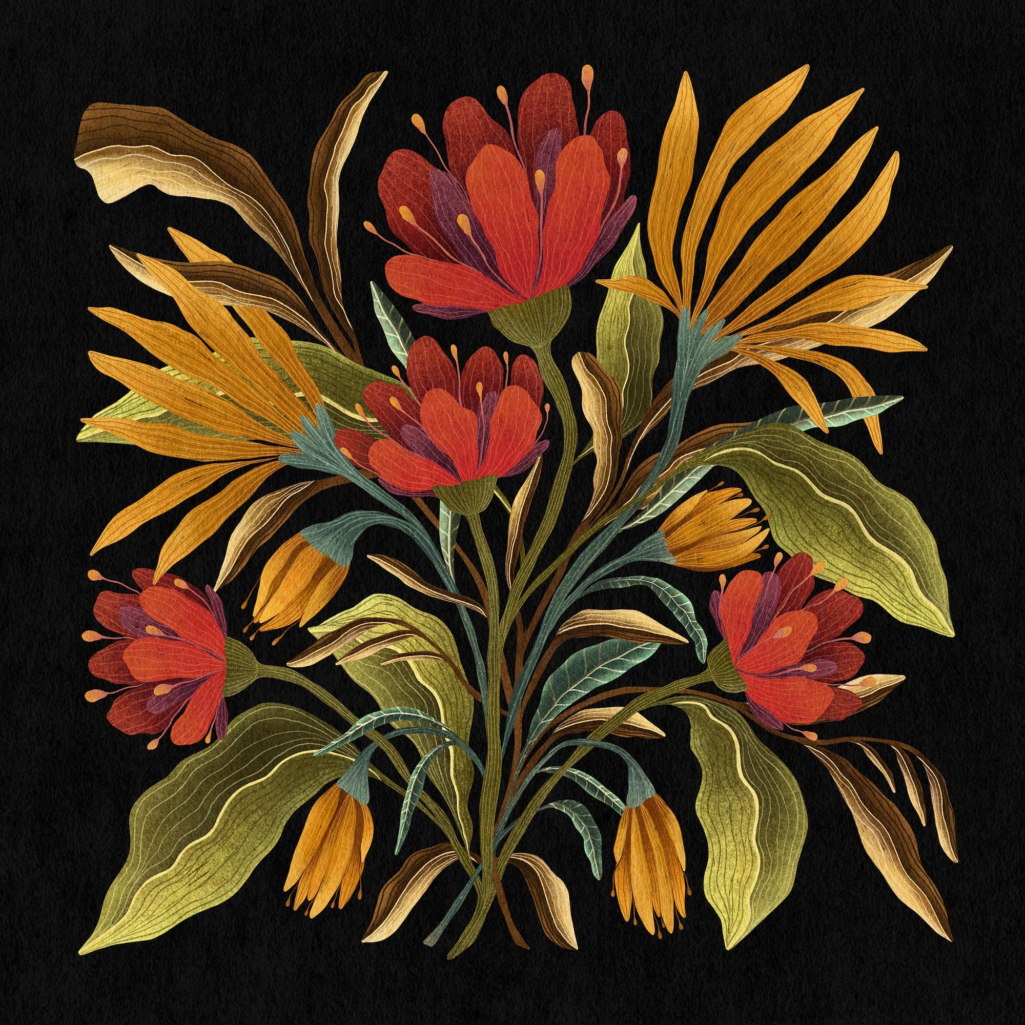 a print of flowers against a black background