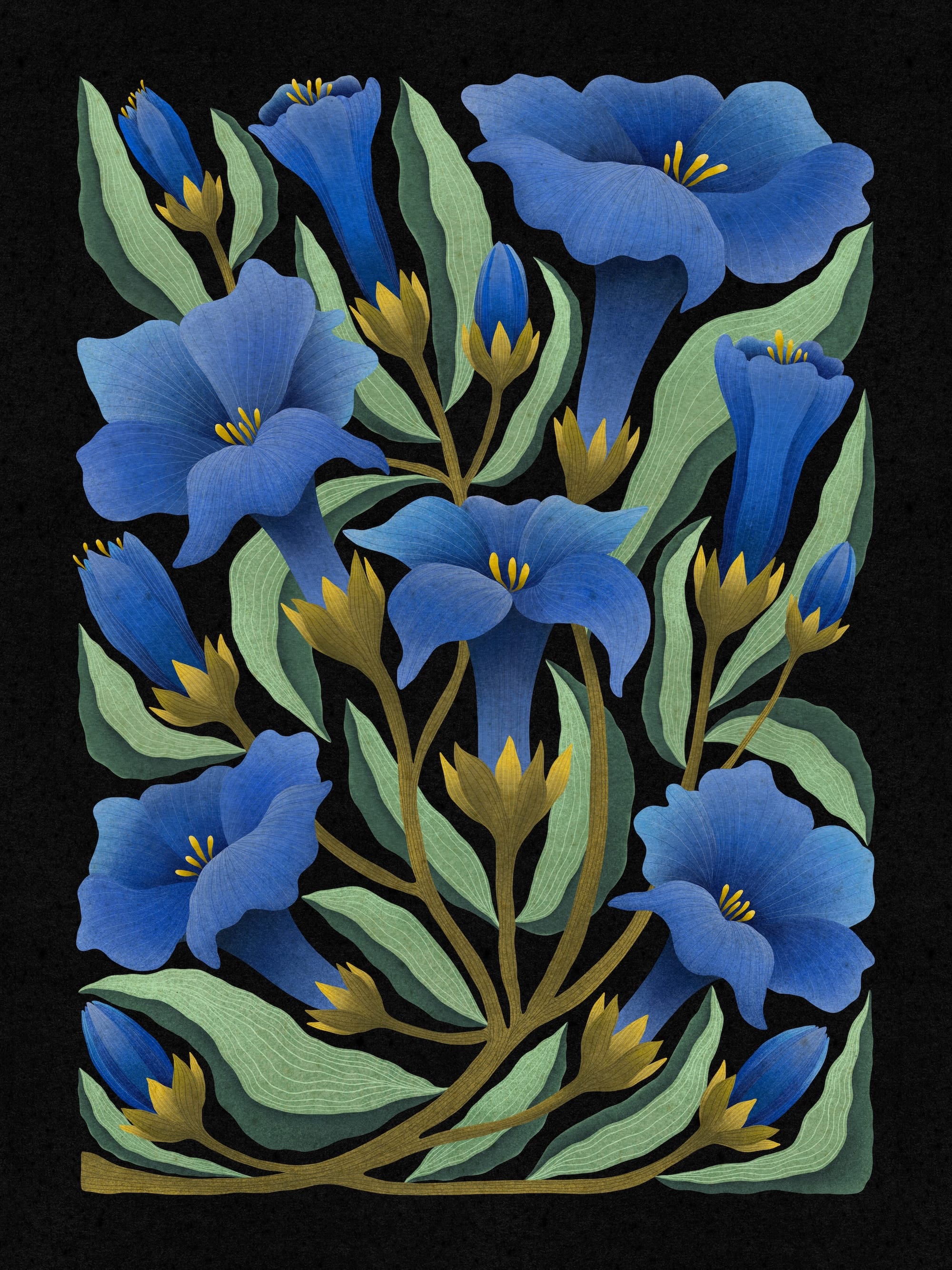 a print of blue flowers and green leaves against a black background