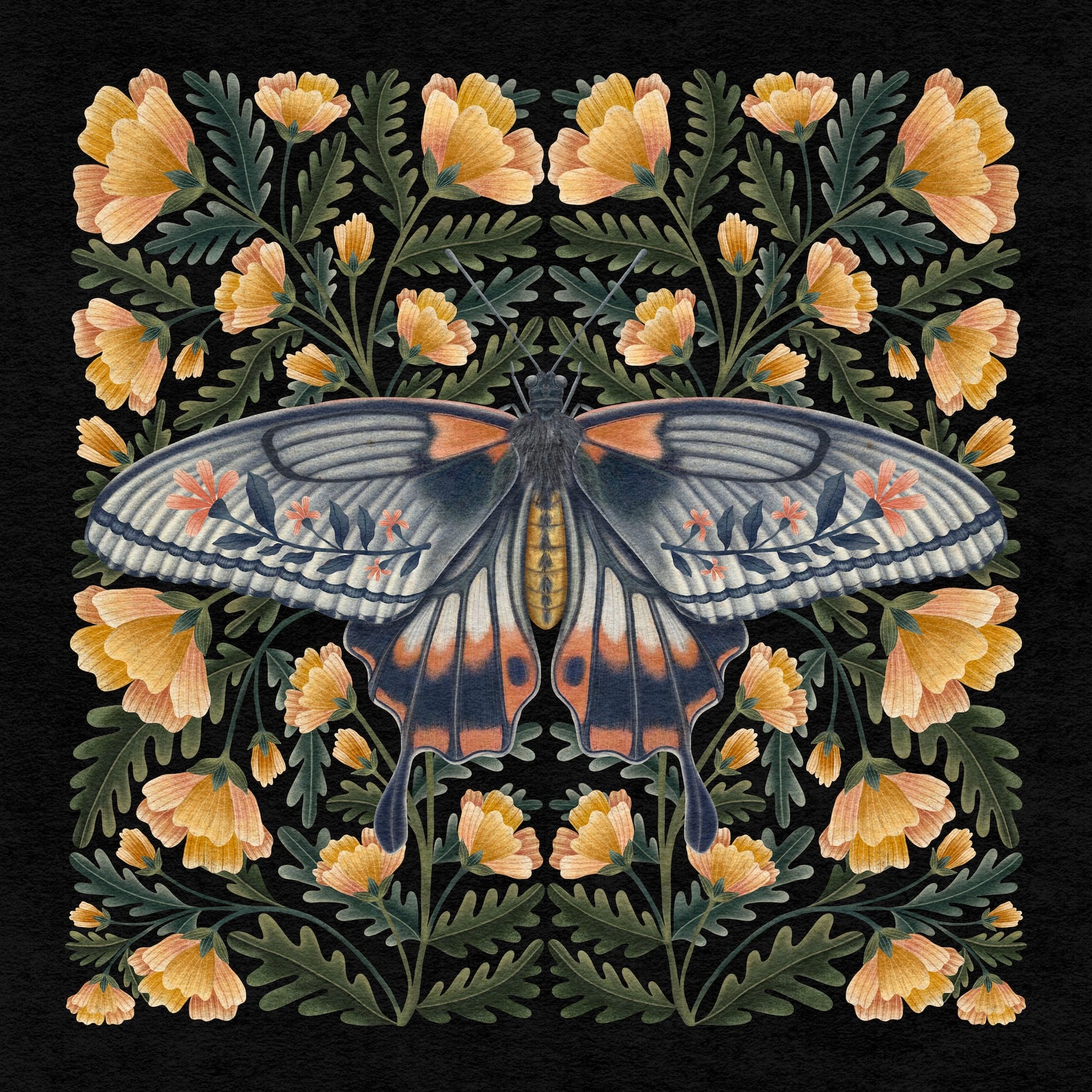 a print of a moth and flowers